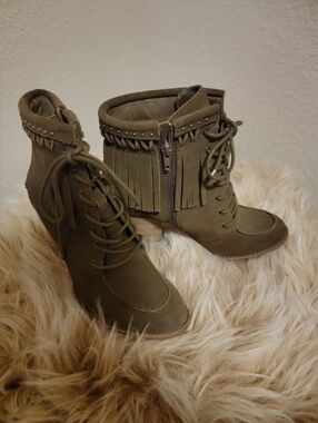(NEW) Gianni Bini Lace-Up Fringe Boots - Army Green Color